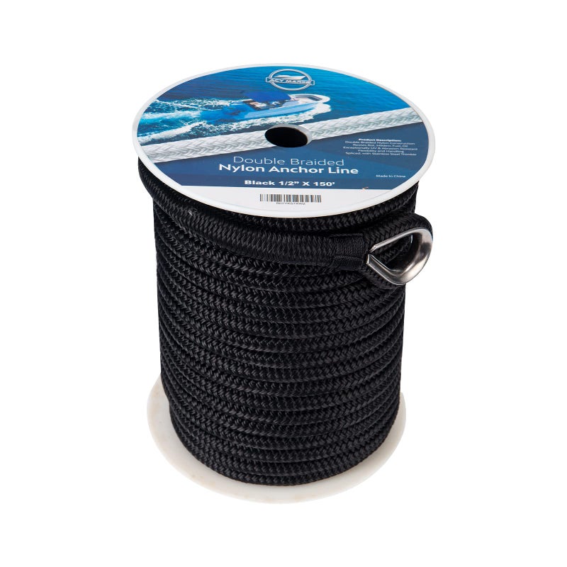 ACY Marine حبل مرساة نايلون مزدوج مضفر مع حلقة فولاذية (أسود، 1/2 بوصة × 100 قدم) - Image 1